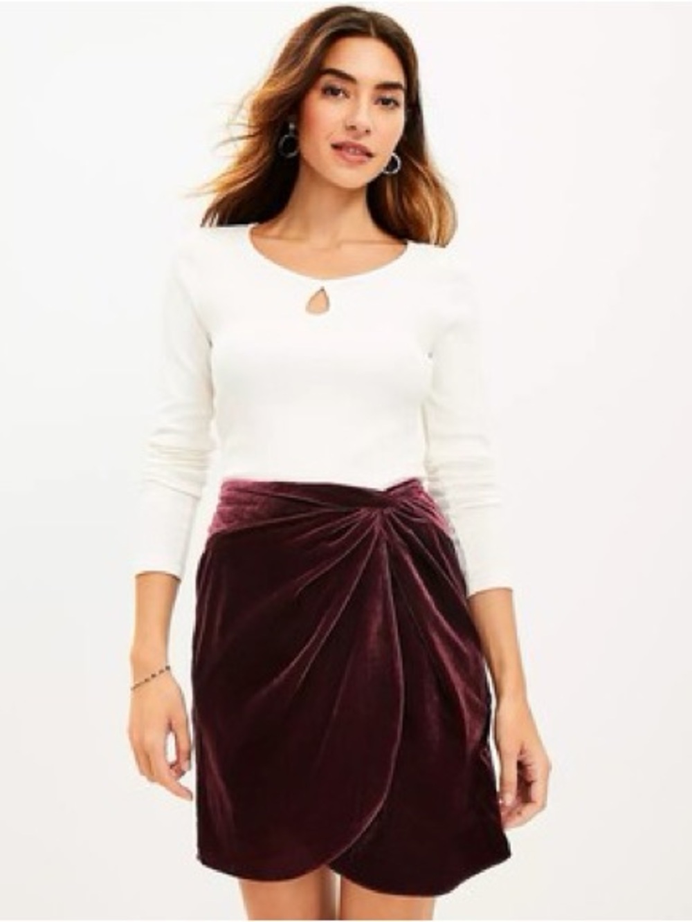 LOFT Velvet Twist-Front Mini Skirt in Blackberry Crush